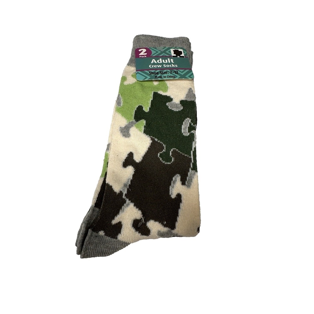 2 pairs womens knee high crew socks size 7-12 green camo puzzle piece stripes